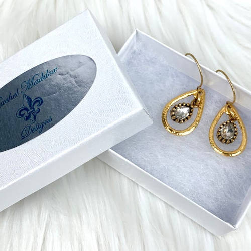 Gold Hammered Teardrop Crystal Charm Earrings (box display)