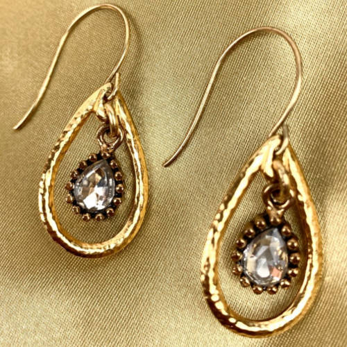 Gold Hammered Teardrop Crystal Charm Earrings (gold display)