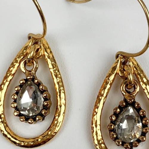 Gold Hammered Teardrop Crystal Charm Earrings (white display)