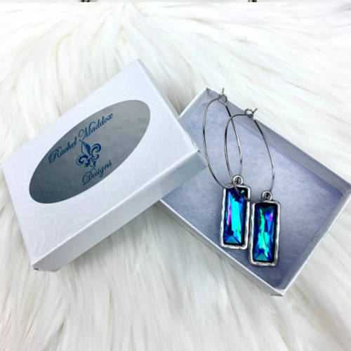 Oval Iridescent Blue Hammered Drop Charm Earrings (flat display)