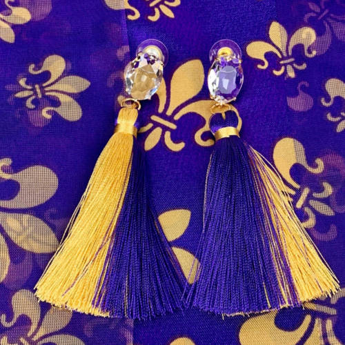 Purple & Gold Tassel Earrings (Fleur fabric)