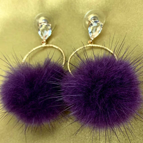 Purple Mink Furry Pompoms Earrings (Gold Display)