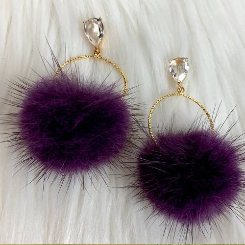 Purple Mink Furry Pompoms Earrings (pillow Display)