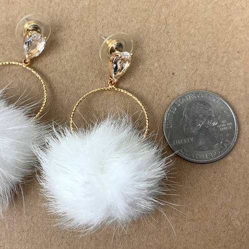 White Mink Furry Lightweight Pompoms Earrings (size)