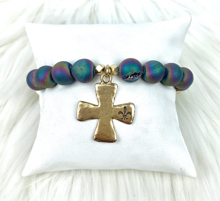Gold Plated Pewter, Stamped FDL Charm, Rainbow Druzy Agate Beads - Image 3