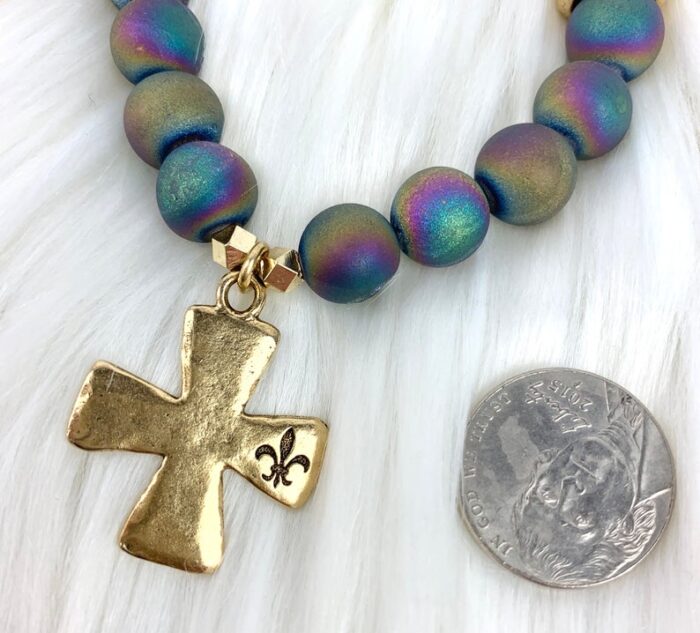 Gold Plated Pewter, Stamped FDL Charm, Rainbow Druzy Agate Beads - Image 5
