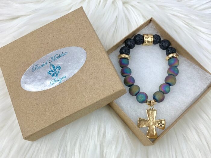 Gold Plated Pewter, Stamped FDL Charm, Rainbow Druzy Agate Beads - Image 4