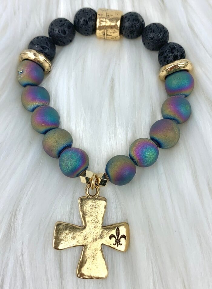 Gold Plated Pewter, Stamped FDL Charm, Rainbow Druzy Agate Beads - Image 2
