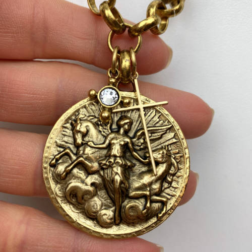 Antique Gold Plated Pewter Angel Horse Medal Pendant (Hand View)