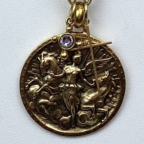 Antique Gold Plated Pewter Angel Horse Medal Pendant