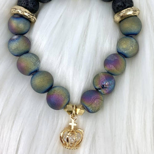Gold Crown Rainbow Agate Beads Bracelet (Detail