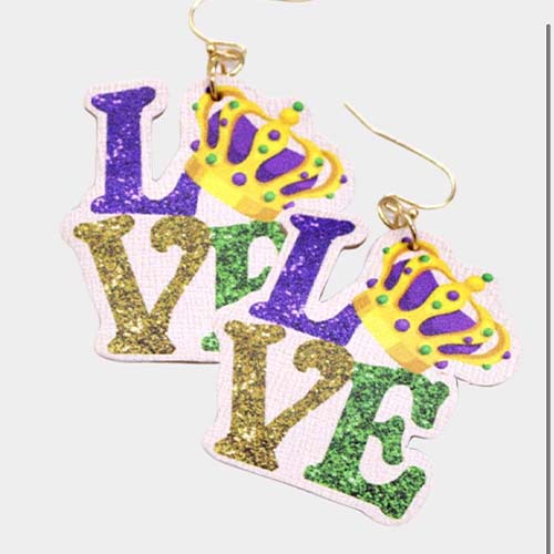 Mardi Gras "Love" Faux Leather Dangle Earrings