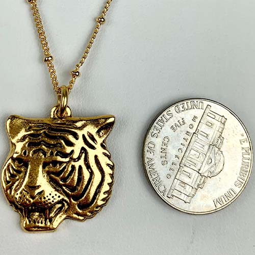-18K Gold Plated Satellite Chain (lead, cadmium & nickel free) - 16", 18" or 24" available lengths -Gold Plated Pewter Tiger Head Pendant