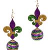 Mardi Gras Glittered Fleur de Lis Sequin Ball Dangle Earrings