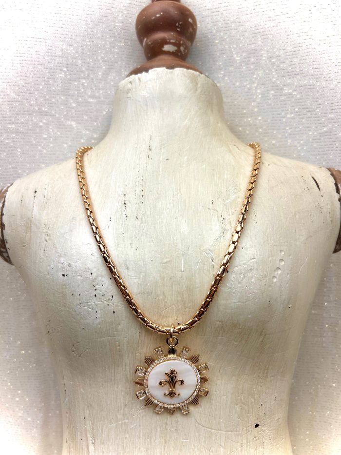 Mother of Pearl Fleur de Lis Pendant w/CZ Accents Necklace