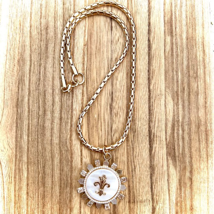 Mother of Pearl Fleur de Lis Pendant w/CZ Accents Necklace - Image 4