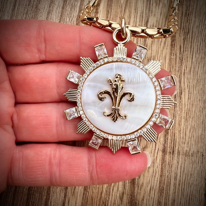 Mother of Pearl Fleur de Lis Pendant w/CZ Accents Necklace - Image 5