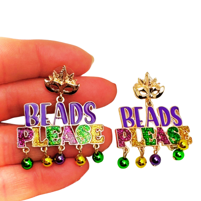 Mardi Gras “Beads Please” Glitter Dangle Earrings