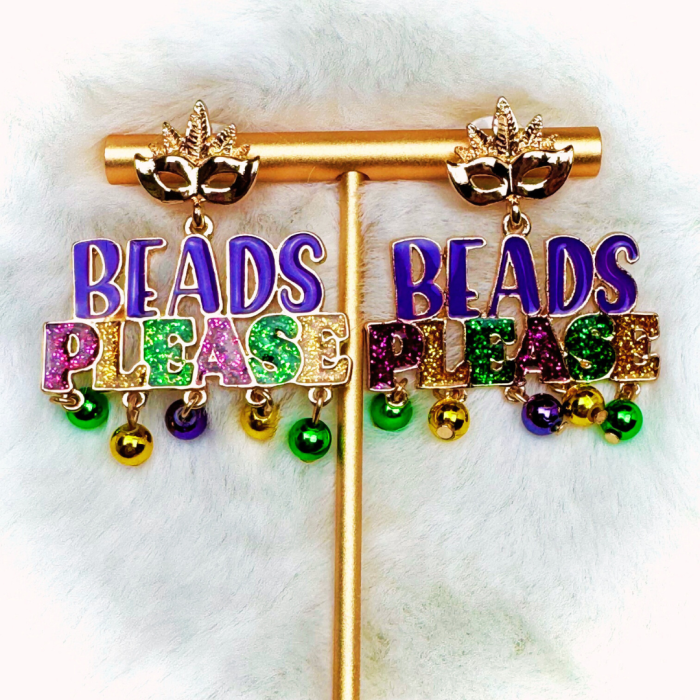 Mardi Gras “Beads Please” Glitter Dangle Earrings - Image 3