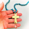Turquoise Necklace with Gold Hammered Cross & Drop Crystal