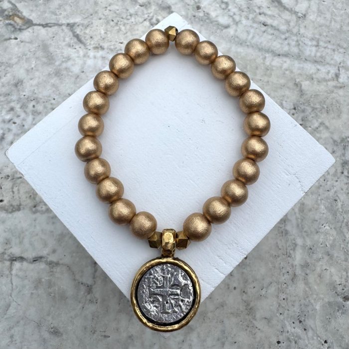 Gold Beaded Stretch Bracelet with Ancient Cross Charm