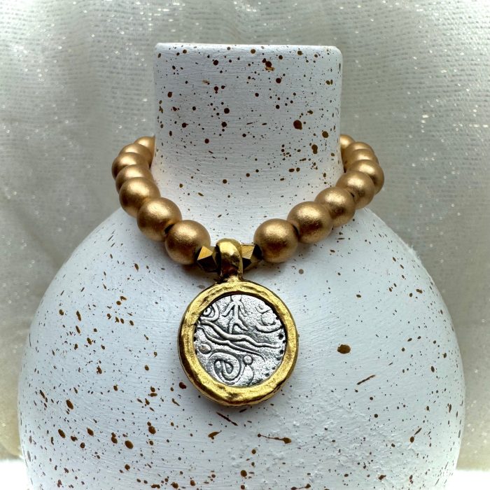 Gold Beaded Stretch Bracelet with Ancient Cross Charm - Image 3