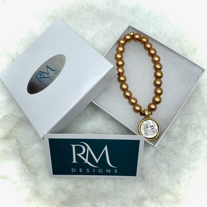 Gold Beaded Stretch Bracelet with Ancient Cross Charm - Image 4