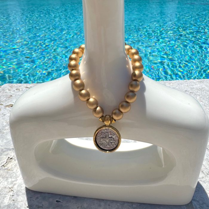 Gold Beaded Stretch Bracelet with Ancient Cross Charm - Image 5