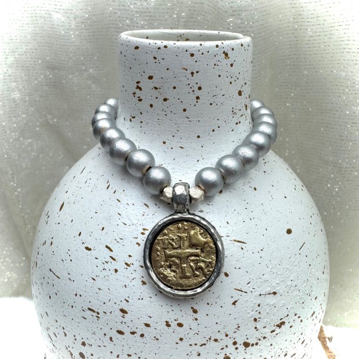 Silver Beaded Stretch Bracelet with Ancient Cross Charm - Image 2