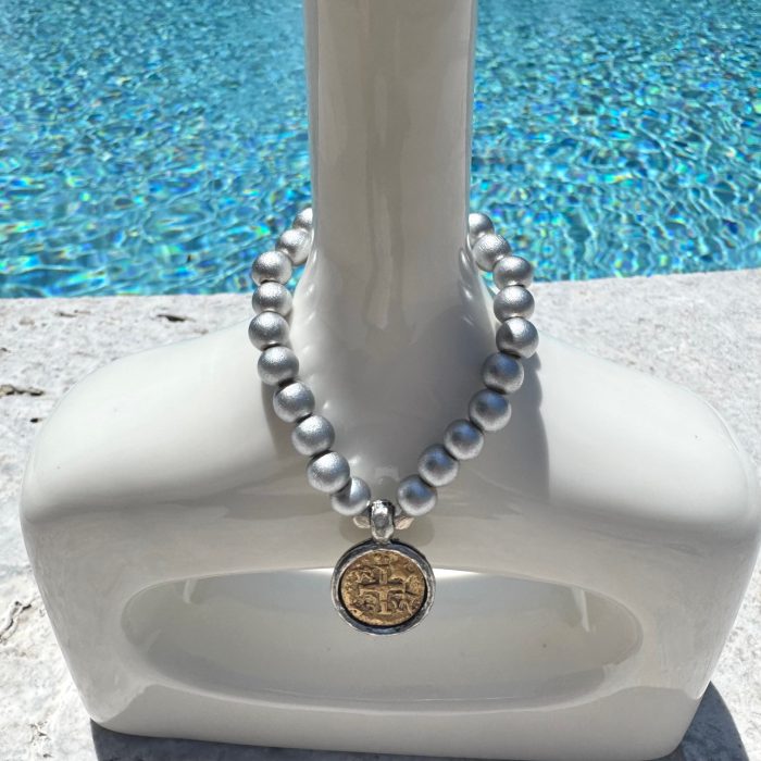 Silver Beaded Stretch Bracelet with Ancient Cross Charm - Image 3
