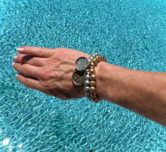 Silver Beaded Stretch Bracelet with Ancient Cross Charm - Image 4