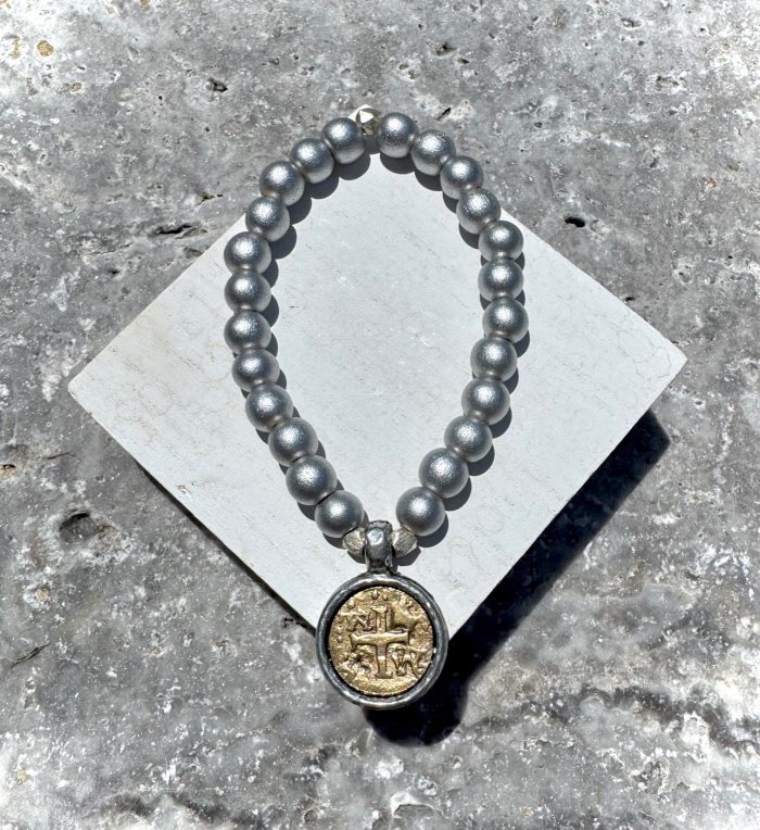 Silver Beaded Stretch Bracelet with Ancient Cross Charm